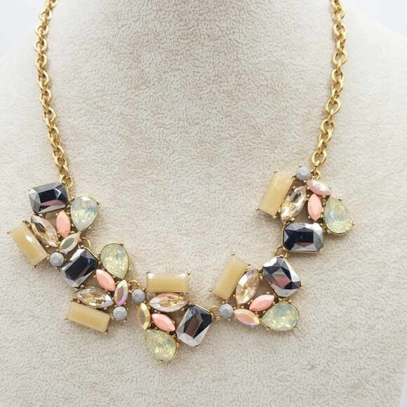 J Crew Gold, Tan, Gray, Pink Iridescent Crystal Statement Necklace - Picture 8 of 11